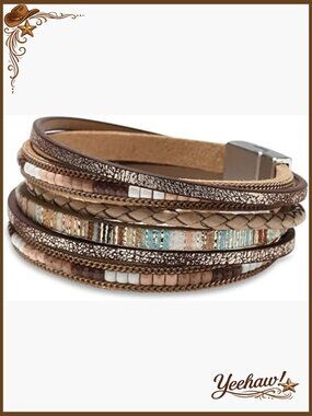 Boho Leather Wrap Bracelet with Crystal Beads - Multi-Layer Cuff